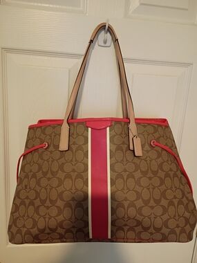 Coach Rare Signature Stripe ToteBright Pink Accents NWOT MSRP $398